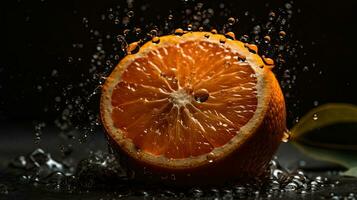 Closeup of sliced orange fruit hit by splashes of water with black blur background, AI Generative photo