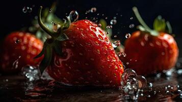 Closeup Side View Strawberries fruit hit by splashes of water with black blur background, AI Generative photo