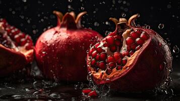 Fresh Pomegranate hit by splashes of water with black blur background, AI Generative photo