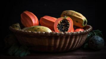 Fresco papaya frutas en un bambú cesta con difuminar fondo, ai generativo foto