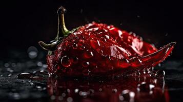 Closeup Red chili hit by splashes of water with black blur background, AI Generative photo