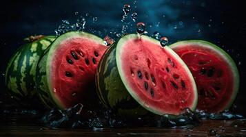 Watermelon hit by splashes of water with black blur background, AI Generative photo