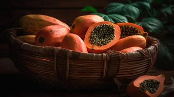 de cerca papaya frutas en un bambú cesta con difuminar fondo, ai generativo foto