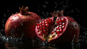 Fresh Pomegranate hit by splashes of water with black blur background, AI Generative photo