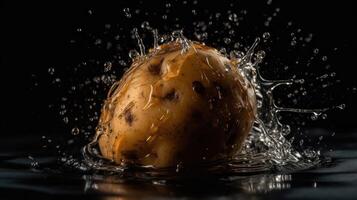 Fresco patata golpear por salpicaduras de agua con negro difuminar fondo, ai generativo foto