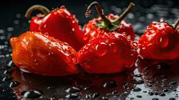 Closeup Pepper hit by splashes of water with black blur background, AI Generative photo