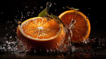 Closeup of sliced orange fruit hit by splashes of water with black blur background, photo