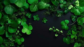 St Patrick's with green leaves on green pastel background for banner design, AI Generative photo