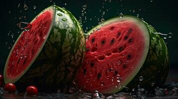 Closeup Watermelon hit by splashes of water with black blur background, AI Generative photo