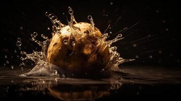 Fresh Potato hit by splashes of water with black blur background, AI Generative photo