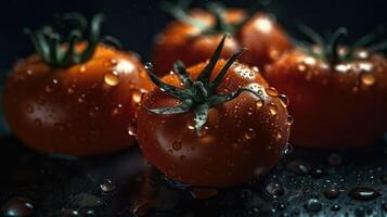 tomate golpear por salpicaduras de agua con negro difuminar fondo, ai generativo foto