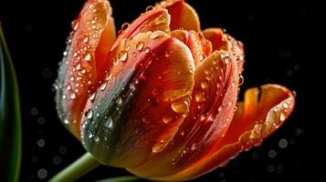 de cerca de tulipanes flores golpear por salpicaduras de agua con negro difuminar fondo, ai generativo foto