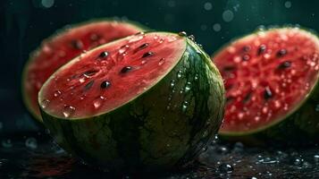 Closeup Watermelon hit by splashes of water with black blur background, AI Generative photo