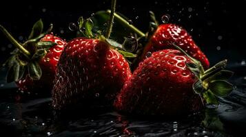 Closeup of Strawberries fruit hit by splashes of water with black blur background, AI Generative photo