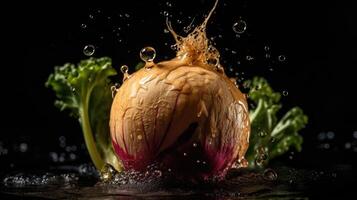 Turnip hit by splashes of water with black blur background, AI Generative photo