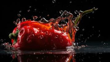 Red chili hit by splashes of water with black blur background, AI Generative photo