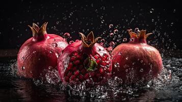 Closeup Side View Fresh Pomegranate hit by splashes of water with black blur background, AI Generative photo