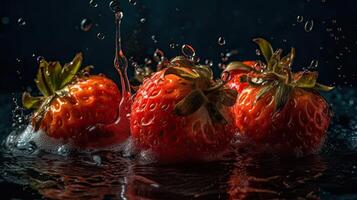 de cerca lado ver fresas Fruta golpear por salpicaduras de agua con negro difuminar fondo, ai generativo foto