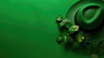 St Patrick's with green leaves and green hat on green pastel background for banner design, photo