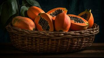 Closeup Fresh Papaya Fruits in a bamboo basket with blur background, AI Generative photo