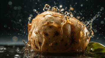 Fresh Potato hit by splashes of water with black blur background, AI Generative photo