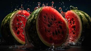 Watermelon hit by splashes of water with black blur background, AI Generative photo