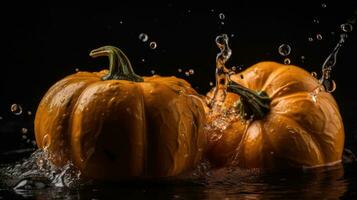 Closeup Pumpkin hit by splashes of water with black blur background, AI Generative photo