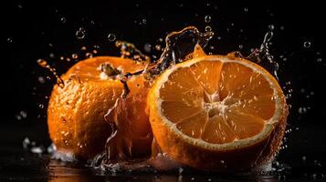 Closeup of sliced orange fruit hit by splashes of water with black blur background, photo