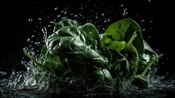 Closeup Fresh Green Spinach hit by splashes of water with black blur background, photo
