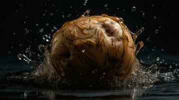 Fresco patata golpear por salpicaduras de agua con negro difuminar fondo, ai generativo foto
