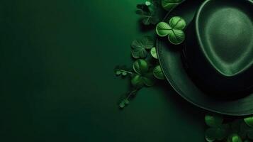 St Patrick's with green leaves and green hat on green pastel background for banner design, photo