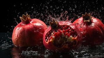 Fresh Pomegranate hit by splashes of water with black blur background, AI Generative photo