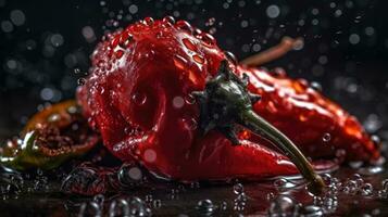 Red chili hit by splashes of water with black blur background, AI Generative photo