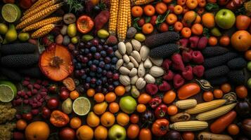 Top View variety of fresh fruit with bright colors, AI Generative photo