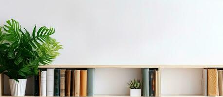 Photo of a potted plant sitting on a wooden shelf with plenty of copy space with copy space