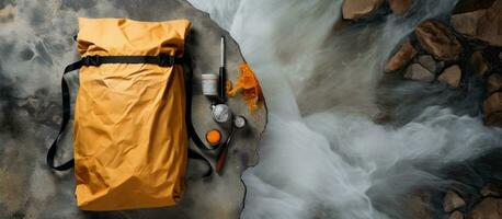 Photo of a yellow bag resting on a riverbank rock, with serene natural surroundings with copy space