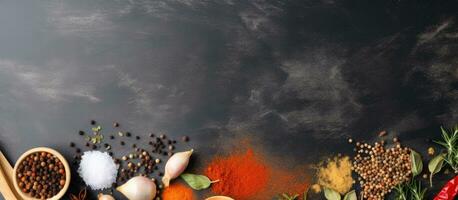 Photo of a vibrant assortment of spices and herbs against a dark backdrop with copy space