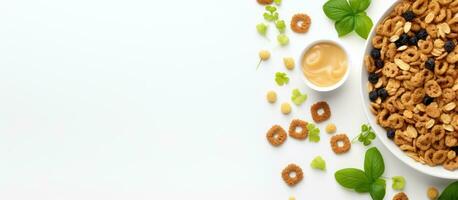 Photo of a breakfast scene with cereal and coffee with copy space