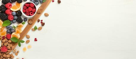 foto de un vistoso surtido de frutas y cereales en un limpiar blanco antecedentes con Copiar espacio