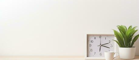 Photo of a minimalist white clock on a rustic wooden table with copy space