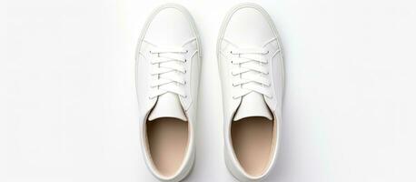 Photo of a pair of white shoes on a white background with plenty of copy space with copy space