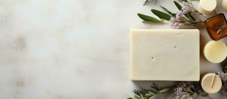 Photo of a soap bar and flowers on a countertop with copy space with copy space