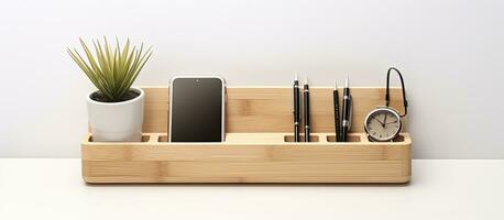 Photo of a wooden desk organizer with a phone and a clock with copy space