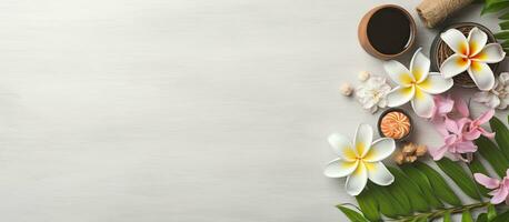 Photo of a beautifully arranged table with a colorful display of flowers and a steaming cup of coffee with copy space