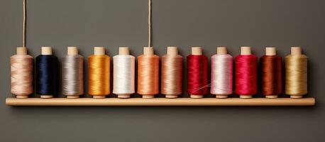 Photo of a colorful display of spools of thread on a rustic wooden shelf with empty space for text or design with copy space