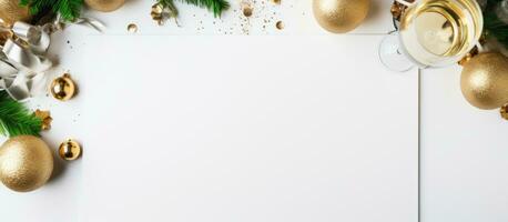 Photo of a beautifully decorated white table with gold ornaments and greenery with copy space