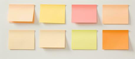 Photo of a colorful array of sticky notes on a wall, ready for brainstorming and organization with copy space