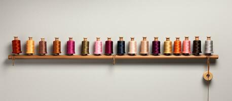 Photo of colorful spools of thread neatly arranged on a shelf with copy space