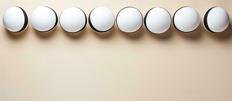 Photo of a row of white eggs on a counter, with plenty of space for your own message or design with copy space