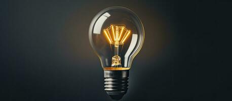 Photo of a glowing light bulb on a dark background with copy space